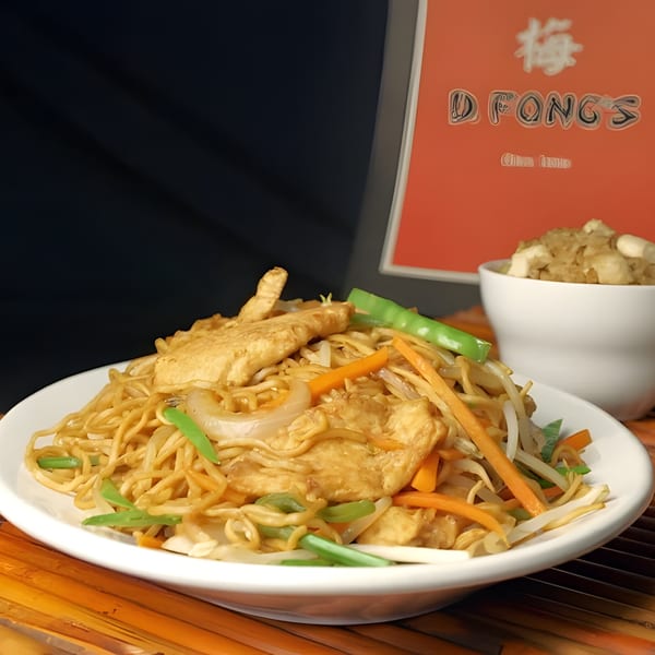 D. Fong's chicken chow mein with vegetables and a side of fried wontons.